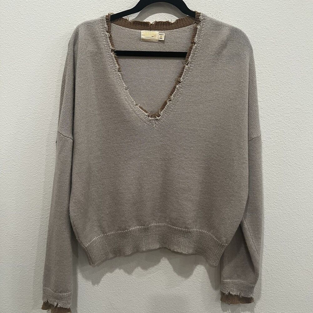 nation ltd Women’s sienna frayed sweater Sz M Baby Alpaca Cotton Fall Neutral